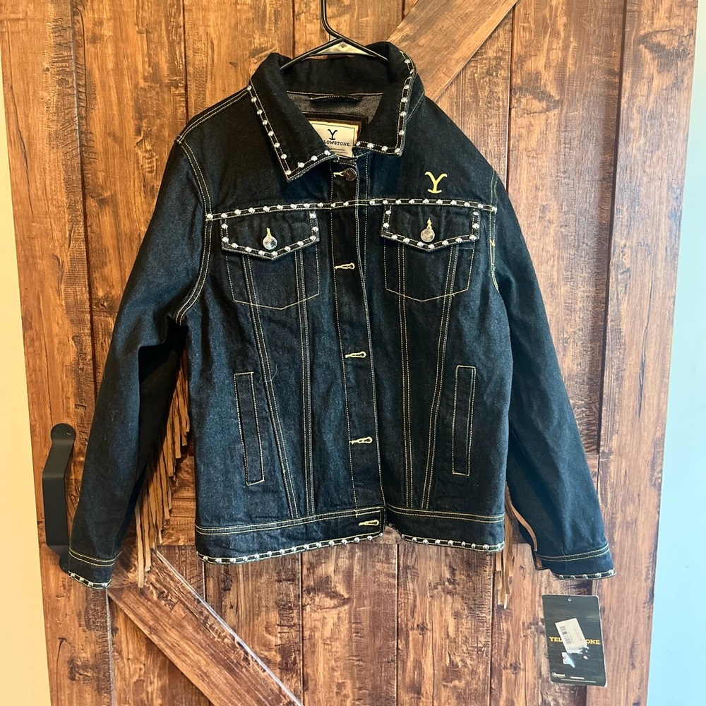Yellowstone NWT licensed black denim brown fringe womens jacket size‎ medium